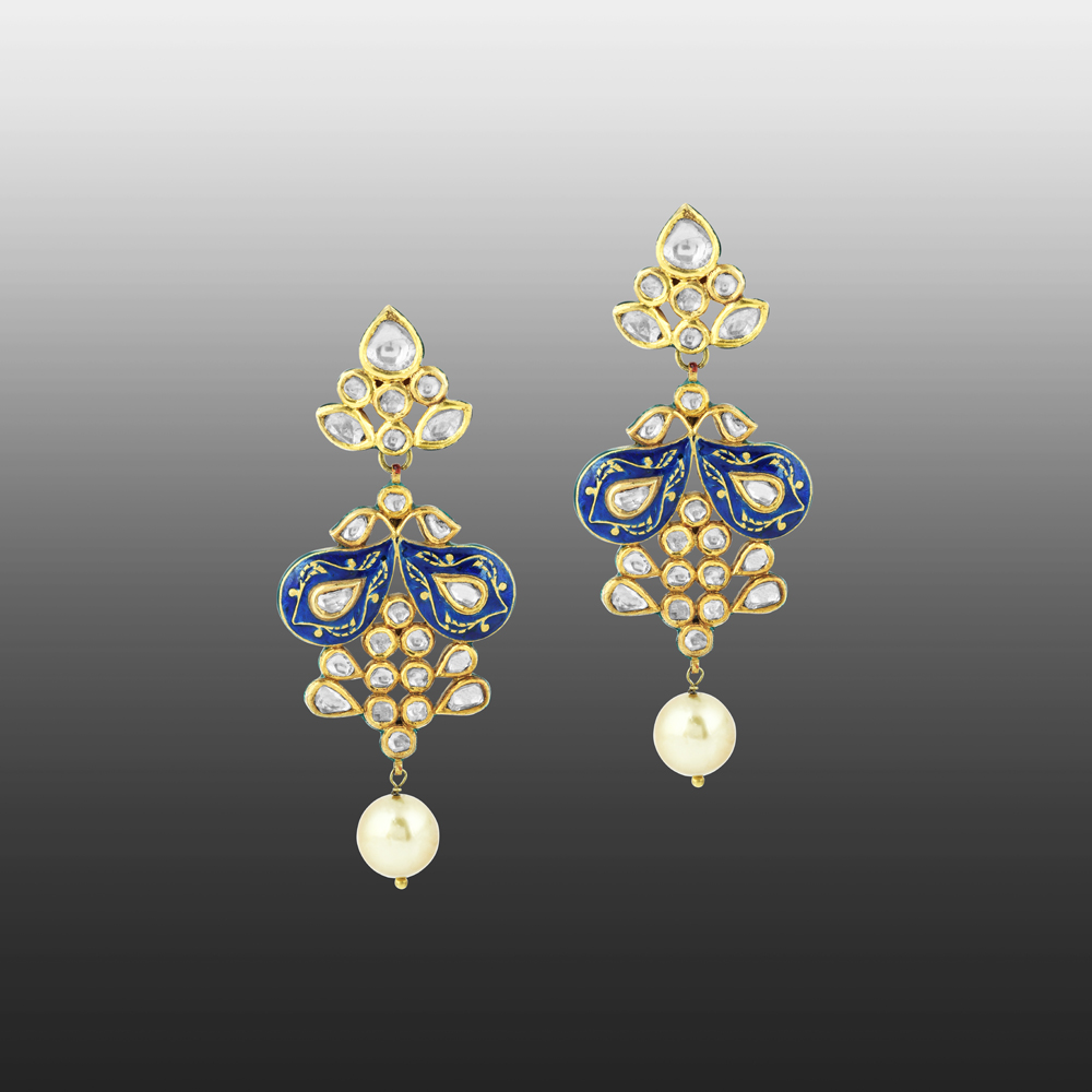 Polki Earrings with Blue Enamel and Pearl Drop
